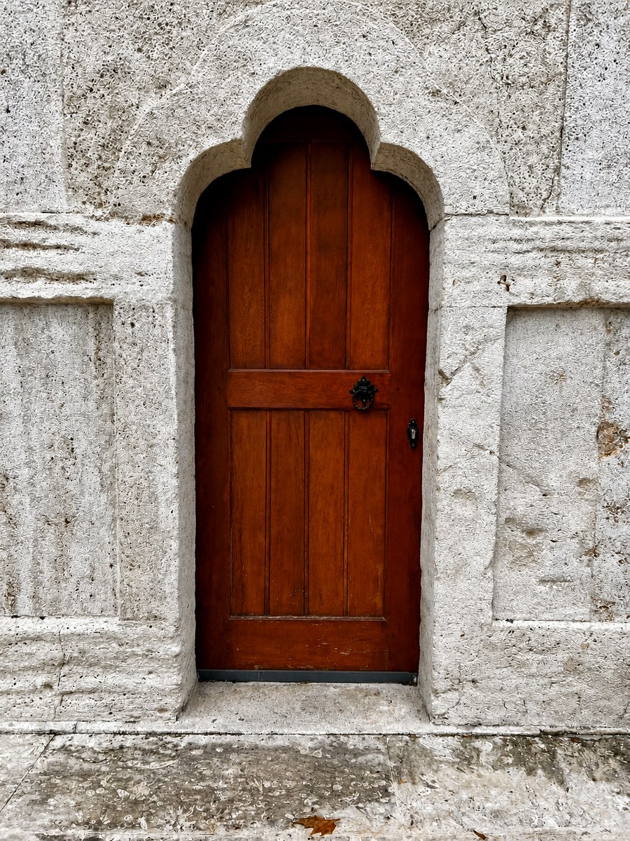 A wooden arched doorway set in weathered stone